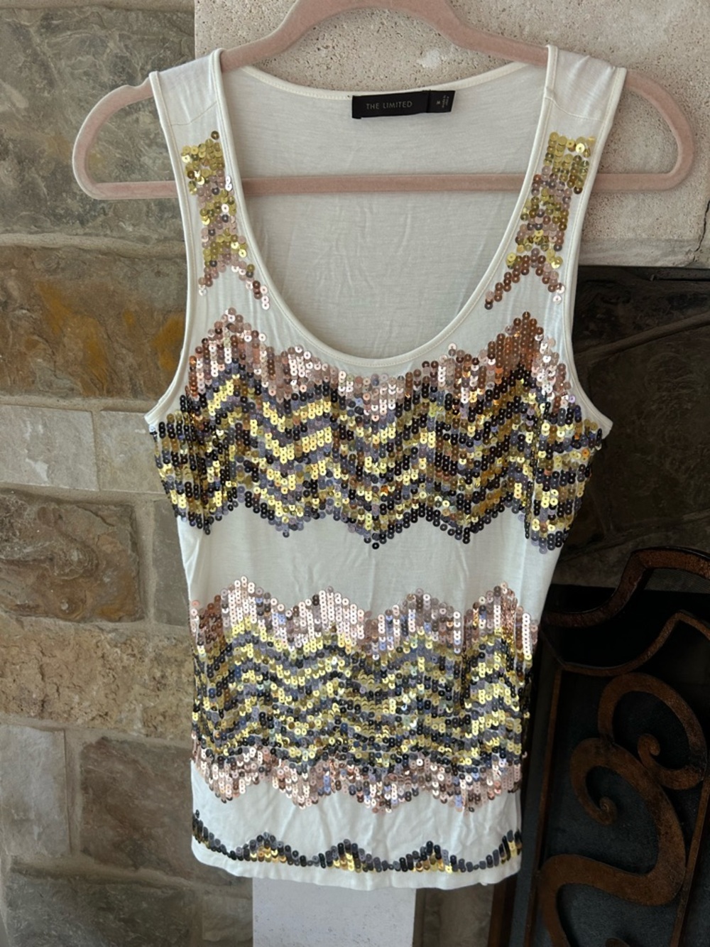 The Limited White Sequin Chevron Tank with Gold & Rose Accents